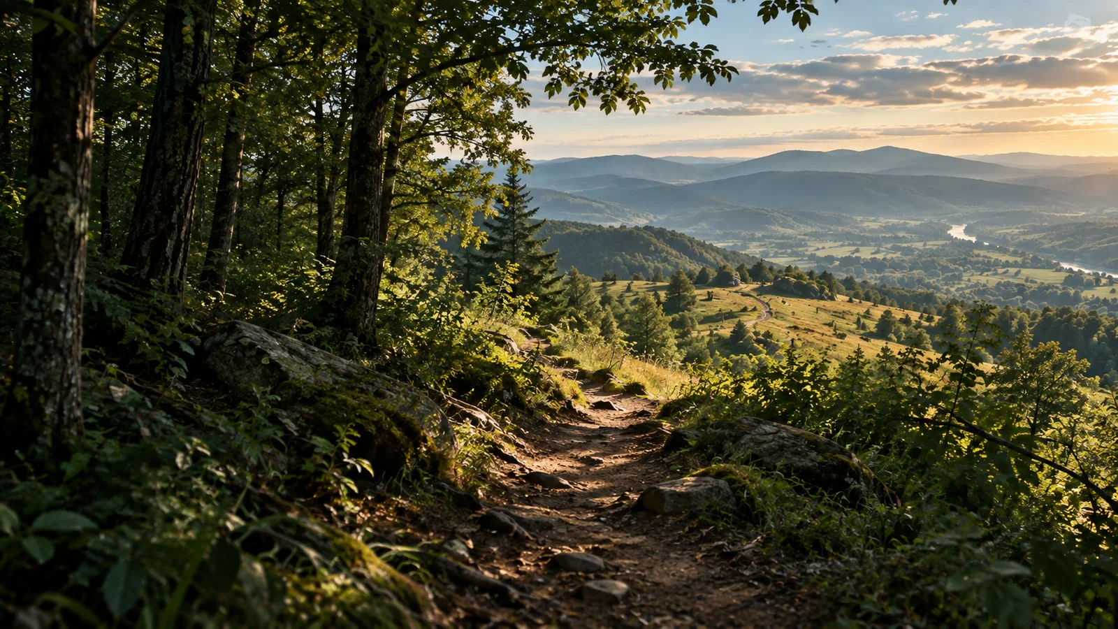 An Appalachian trail opening from shaded forest toward a sunlit valley